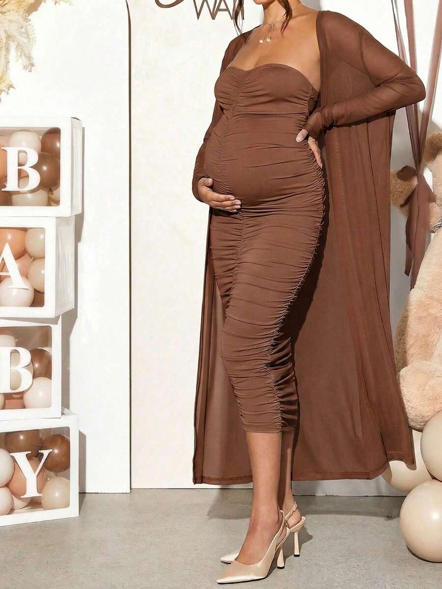 Maternity 2 Piece Set Solid Brown Long Sleeve Long Cardigan and Ruched Camisole Midi Bodycon Dress for Thanksgiving