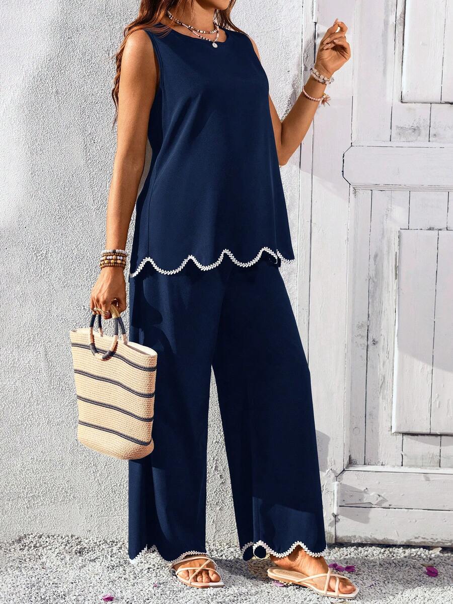 Blue and White Striped Maternity 2-Piece Set - Sleeveless Camisole and Long Pants - Casual Beach Vacation Outfit for Pregnant Women