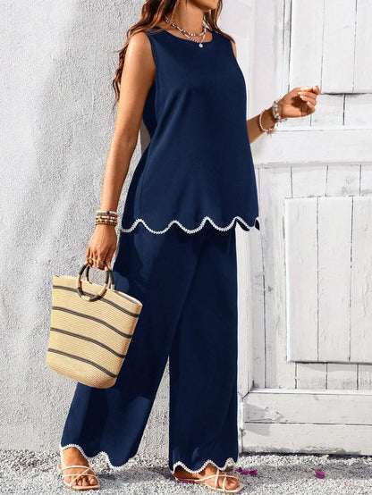 Blue and White Striped Maternity 2-Piece Set - Sleeveless Camisole and Long Pants - Casual Beach Vacation Outfit for Pregnant Women