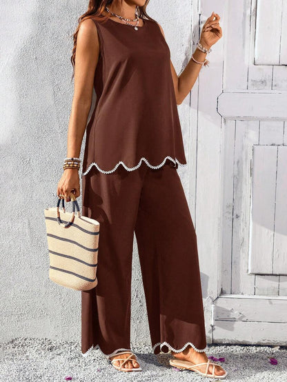 Blue and White Striped Maternity 2-Piece Set - Sleeveless Camisole and Long Pants - Casual Beach Vacation Outfit for Pregnant Women