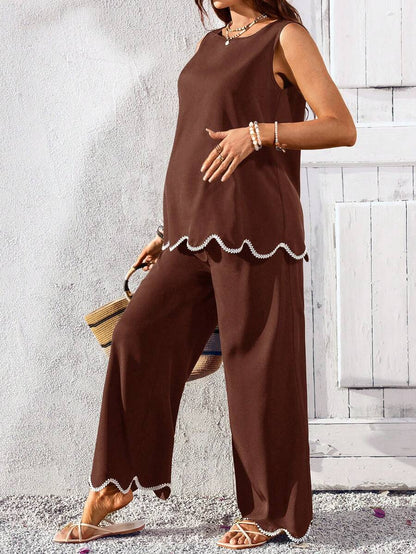 Blue and White Striped Maternity 2-Piece Set - Sleeveless Camisole and Long Pants - Casual Beach Vacation Outfit for Pregnant Women