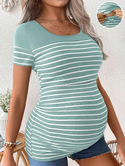 Maternity Striped Short Sleeve Nursing T-Shirt Brown Scoop Neck High Stretch Slim Fit Casual Summer Beach Nursing Top
