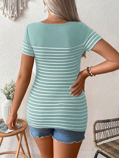 Maternity Striped Short Sleeve Nursing T-Shirt Brown Scoop Neck High Stretch Slim Fit Casual Summer Beach Nursing Top