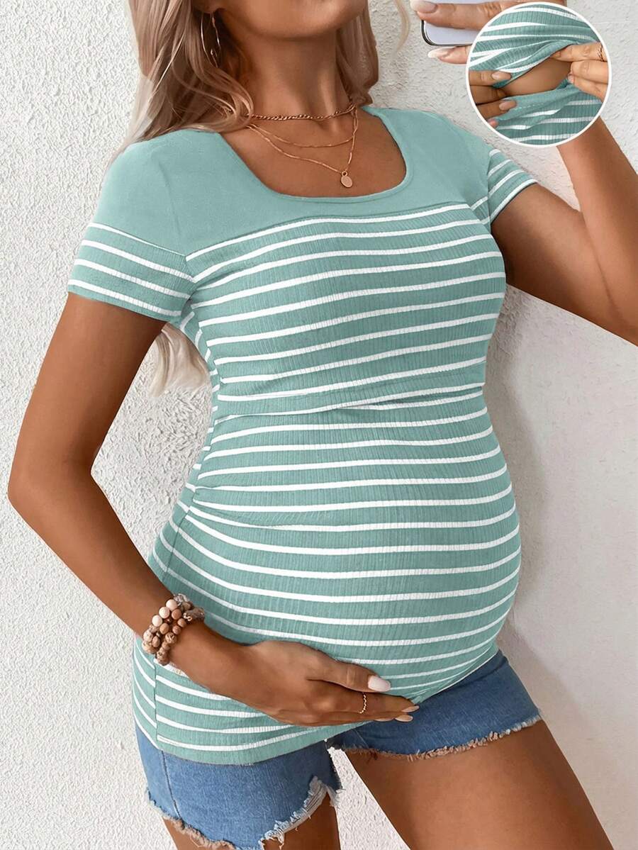 Maternity Striped Short Sleeve Nursing T-Shirt Brown Scoop Neck High Stretch Slim Fit Casual Summer Beach Nursing Top