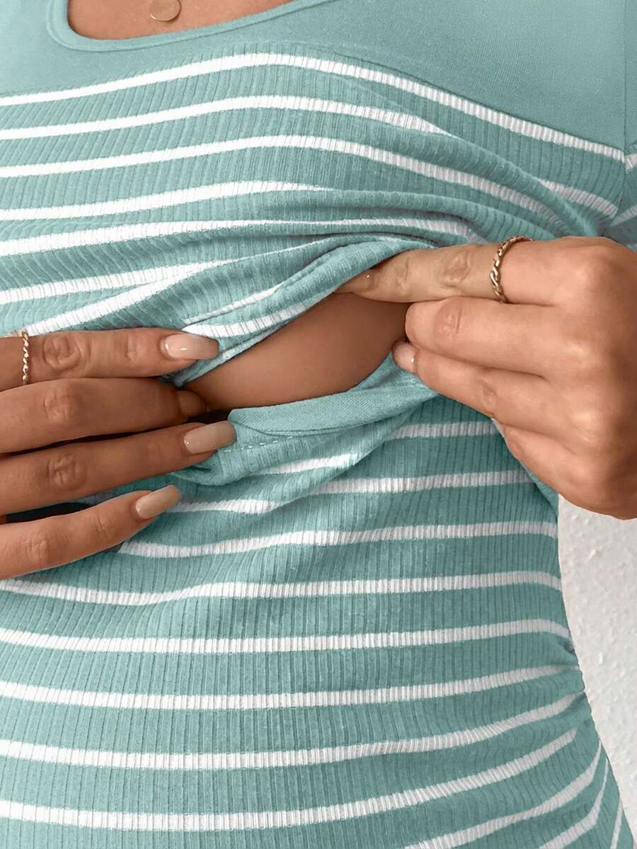 Maternity Striped Short Sleeve Nursing T-Shirt Brown Scoop Neck High Stretch Slim Fit Casual Summer Beach Nursing Top