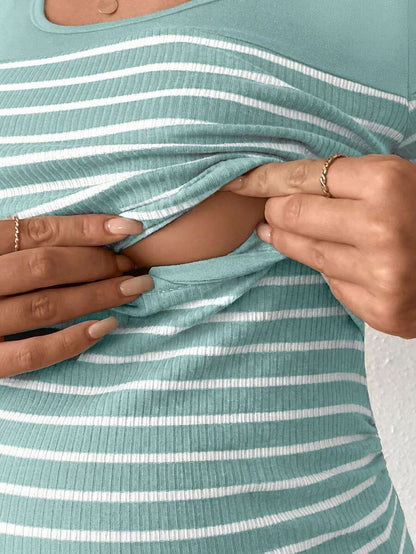 Maternity Colorblock Striped Short Sleeve Nursing T-Shirt - Slim Fit Rib-Knit Breastfeeding Scoop Neck Top