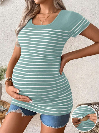 Maternity Striped Short Sleeve Nursing T-Shirt Brown Scoop Neck High Stretch Slim Fit Casual Summer Beach Nursing Top