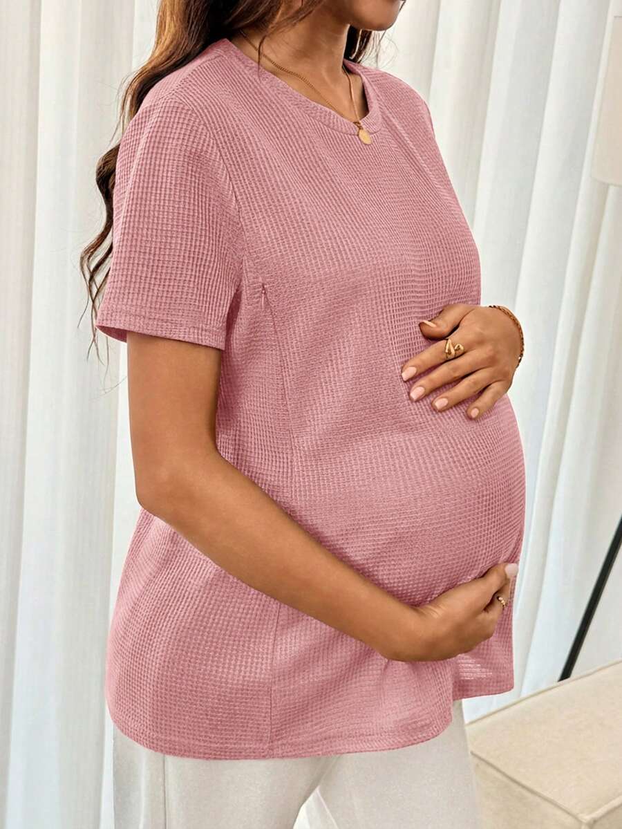 Black Short Sleeve Maternity Nursing Top with Zipper Detail Loose Fit Round Neck Soft Knitted Casual Home Wear Shirt