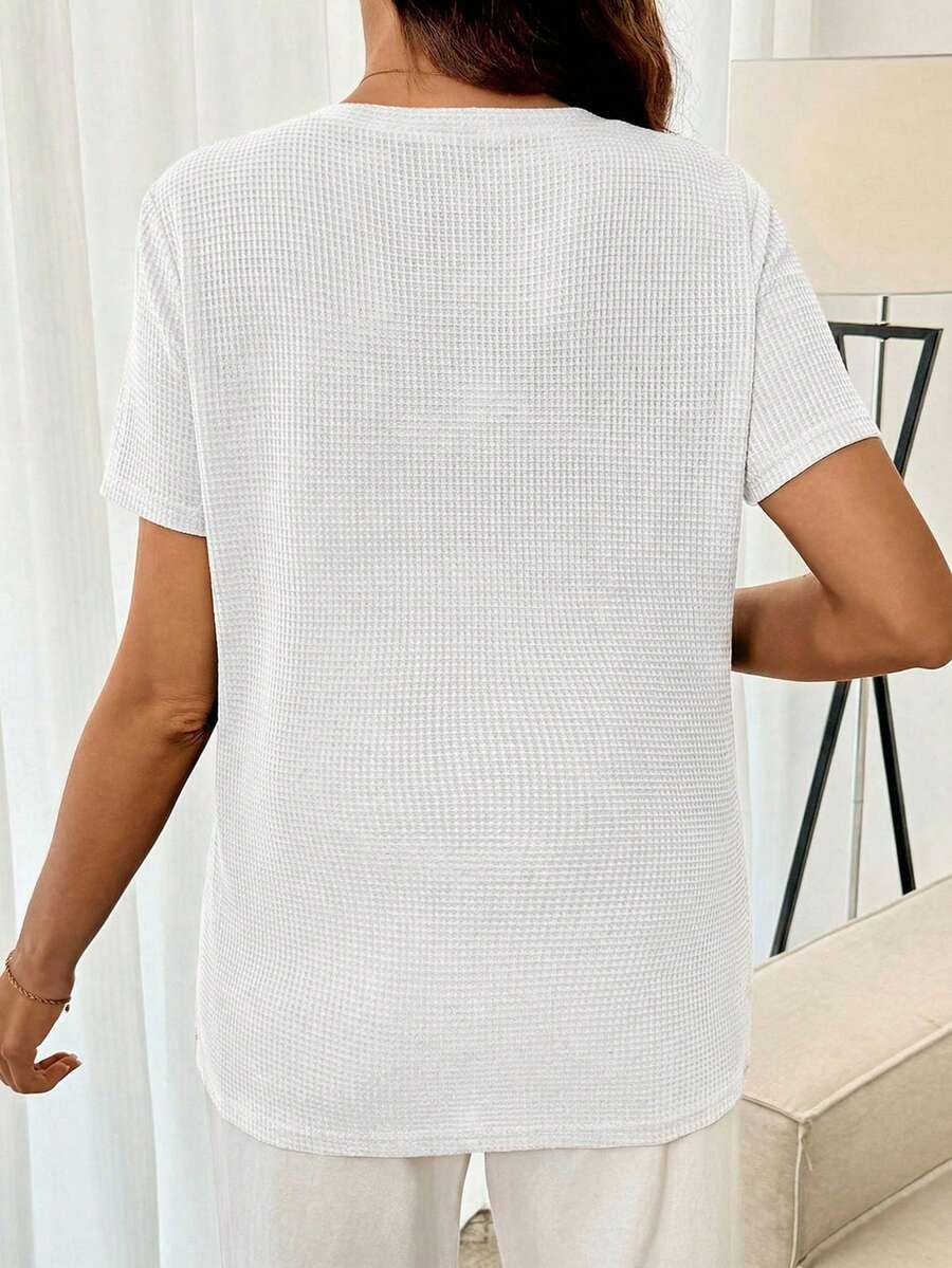 Black Short Sleeve Maternity Nursing Top with Zipper Detail Loose Fit Round Neck Soft Knitted Casual Home Wear Shirt