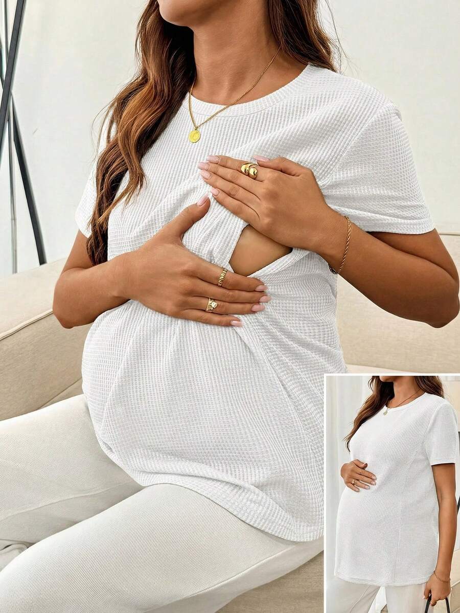 Black Short Sleeve Maternity Nursing Top with Zipper Detail Loose Fit Round Neck Soft Knitted Casual Home Wear Shirt