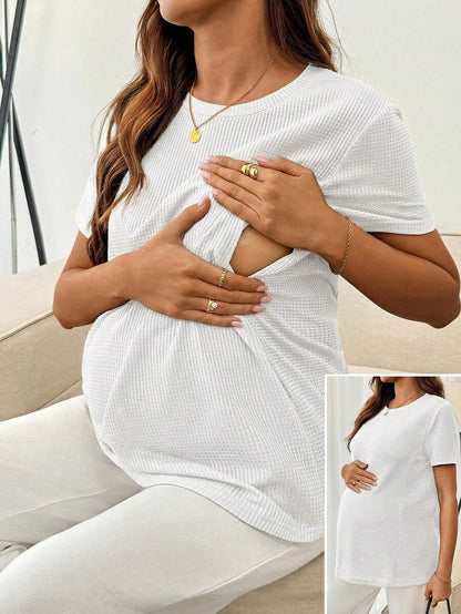 Black Short Sleeve Maternity Nursing Top with Zipper Detail Loose Fit Round Neck Soft Knitted Casual Home Wear Shirt