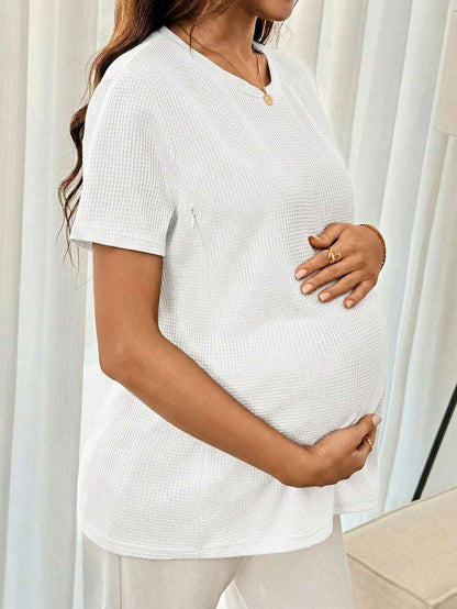 Black Short Sleeve Maternity Nursing Top with Zipper Detail Loose Fit Round Neck Soft Knitted Casual Home Wear Shirt