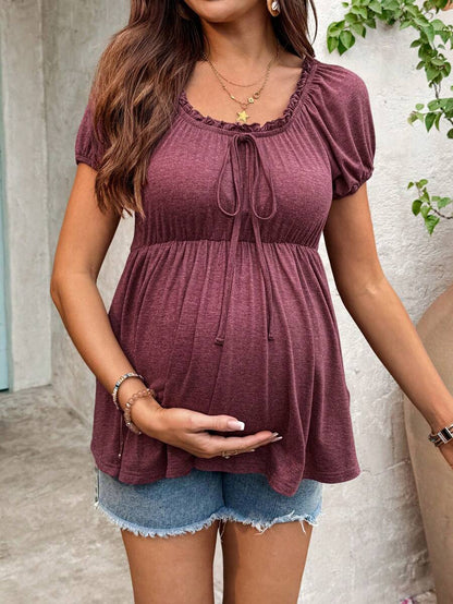 Burgundy Scoop Neck Puff Sleeve Maternity T-Shirt - Slim Fit Ruffle Trim Short Sleeve Knit Top for Office and Casual Wear