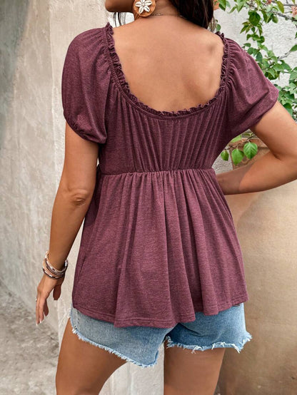 Burgundy Scoop Neck Puff Sleeve Maternity T-Shirt - Slim Fit Ruffle Trim Short Sleeve Knit Top for Office and Casual Wear
