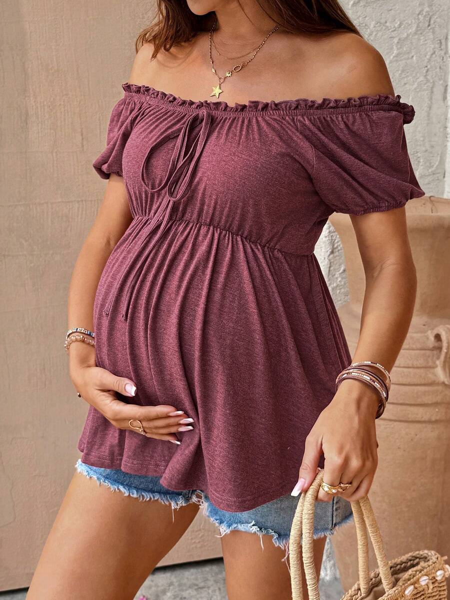 Burgundy Scoop Neck Puff Sleeve Maternity T-Shirt - Slim Fit Ruffle Trim Short Sleeve Knit Top for Office and Casual Wear