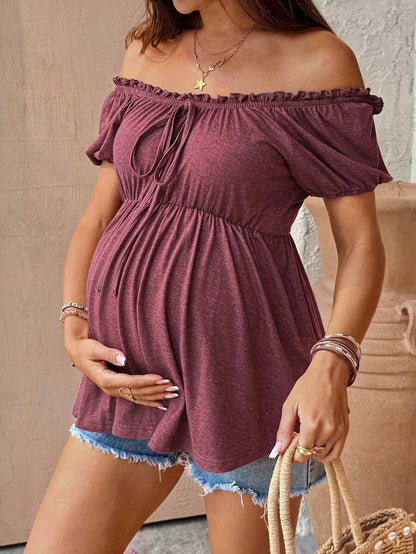 Burgundy Scoop Neck Puff Sleeve Maternity T-Shirt - Slim Fit Ruffle Trim Short Sleeve Knit Top for Office and Casual Wear