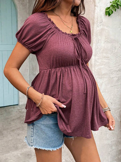 Burgundy Scoop Neck Puff Sleeve Maternity T-Shirt - Slim Fit Ruffle Trim Short Sleeve Knit Top for Office and Casual Wear