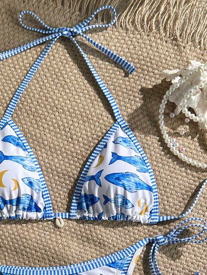 Women's 2-Piece Boho Halter Bikini Set - Tie Side, Floral Print, Blue and White