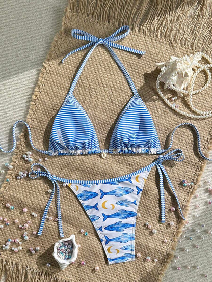Women's 2-Piece Boho Halter Bikini Set - Tie Side, Floral Print, Blue and White