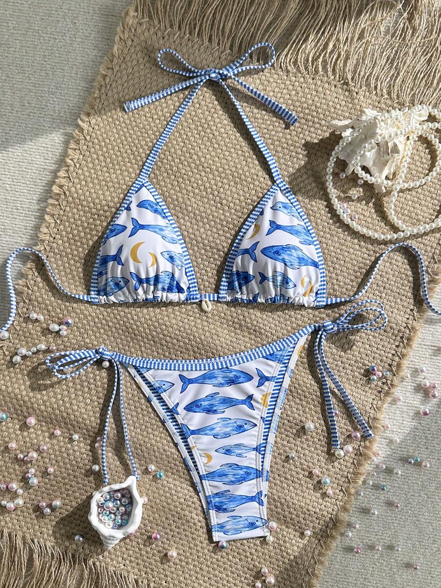 Women's 2-Piece Boho Halter Bikini Set - Tie Side, Floral Print, Blue and White