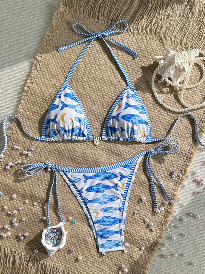 Women's 2-Piece Boho Halter Bikini Set - Tie Side, Floral Print, Blue and White