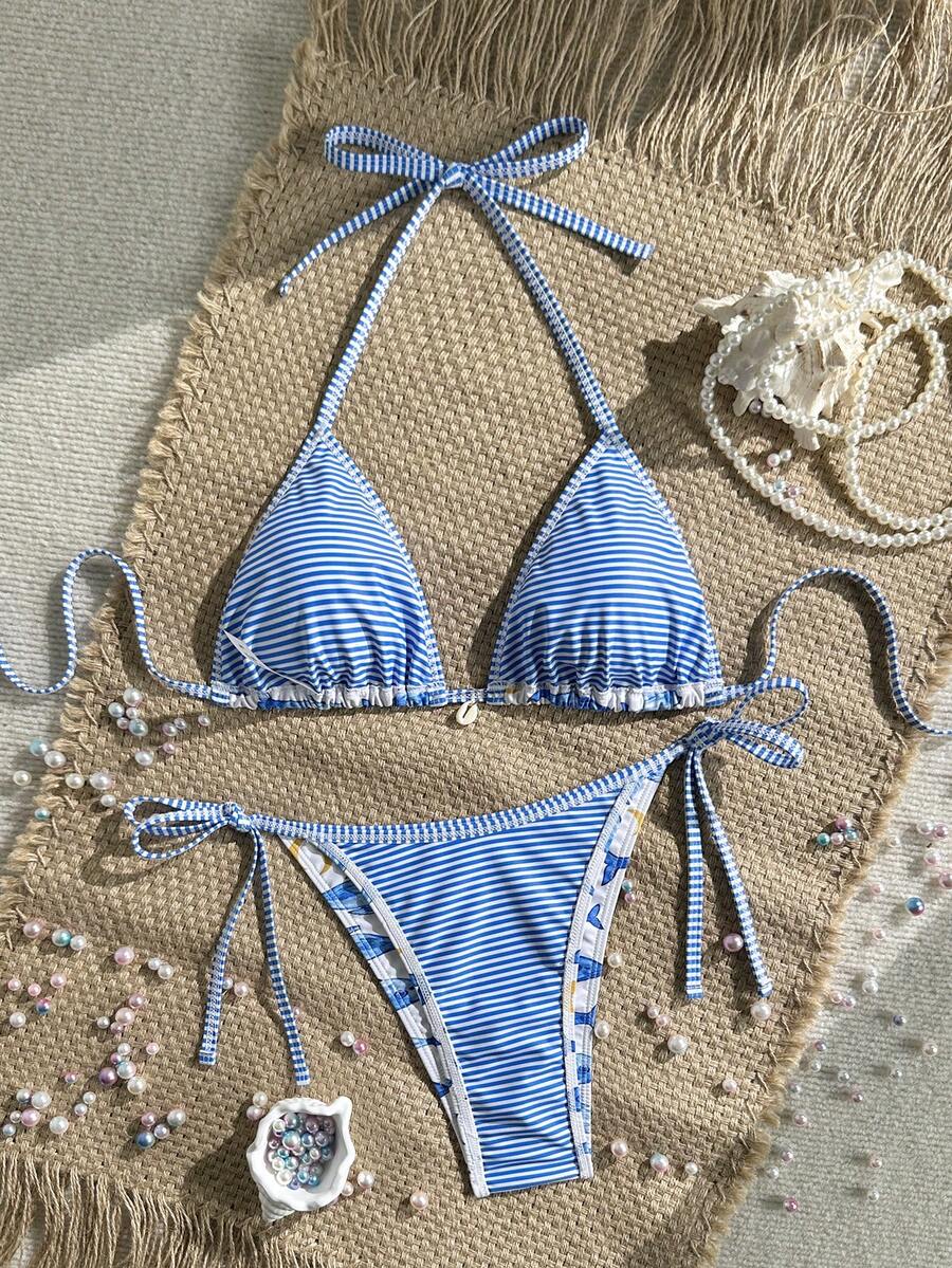 Women's 2-Piece Boho Halter Bikini Set - Tie Side, Floral Print, Blue and White