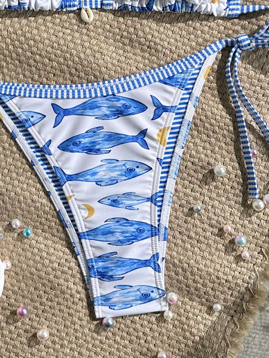 Women's 2-Piece Boho Halter Bikini Set - Tie Side, Floral Print, Blue and White