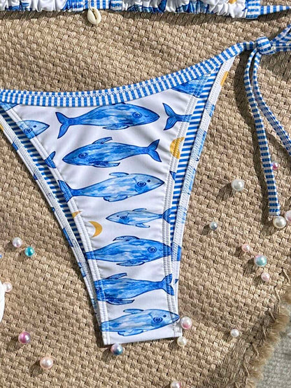 Women's 2-Piece Boho Halter Bikini Set - Tie Side, Floral Print, Blue and White