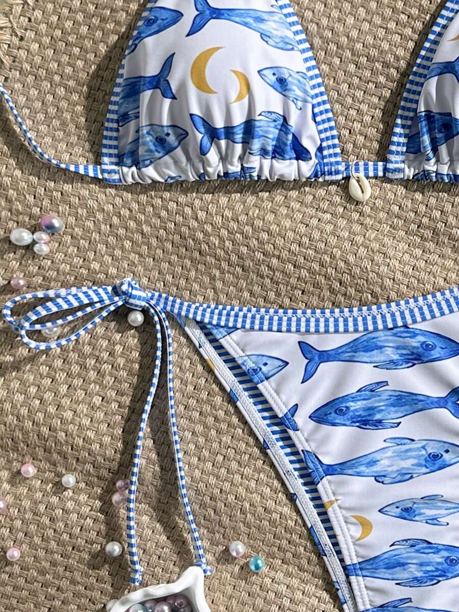 Women's 2-Piece Boho Halter Bikini Set - Tie Side, Floral Print, Blue and White