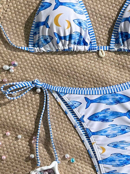 Women's 2-Piece Boho Halter Bikini Set - Tie Side, Floral Print, Blue and White