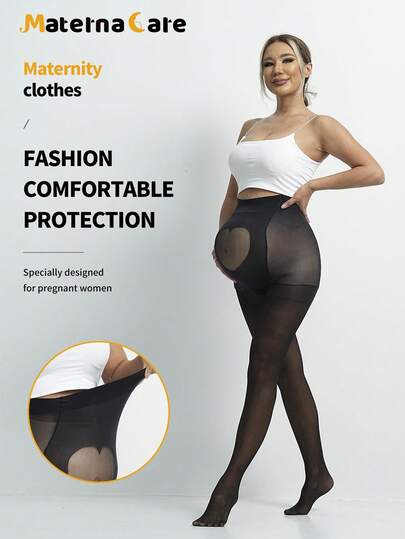 Maternity Pantyhose - Black Heart Shaped Transparent Abdomen High Waist Skinny Sheer, Plus Size