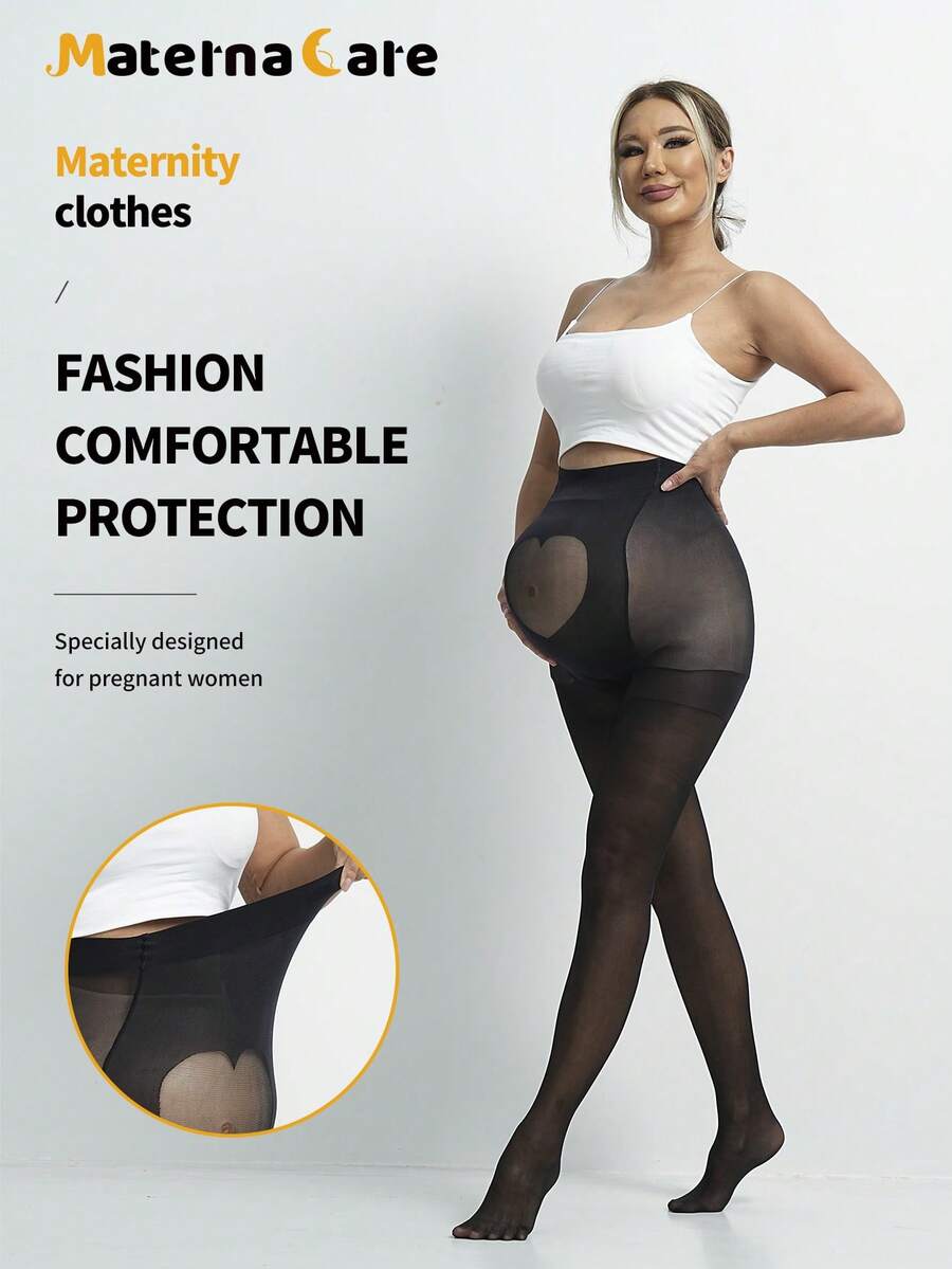 Maternity Pantyhose - Black Heart Shaped Transparent Abdomen High Waist Skinny Sheer, Plus Size
