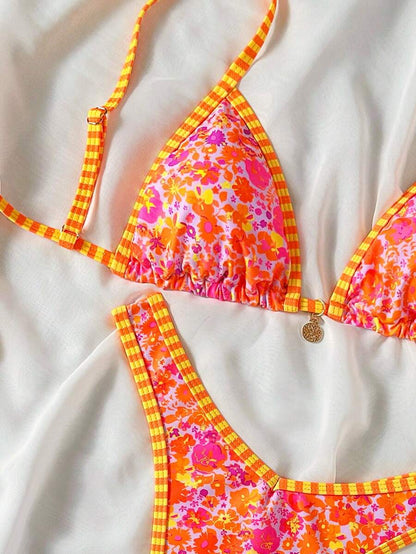 Women's 2-Piece Boho Halter Bikini Set - Gold Accessory, High-Cut, Floral Print, Multicolor