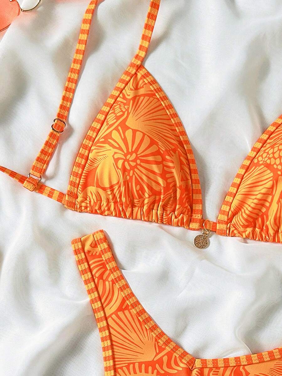 Women's 2-Piece Boho Halter Bikini Set - Gold Accessory, High-Cut, Floral Print, Multicolor