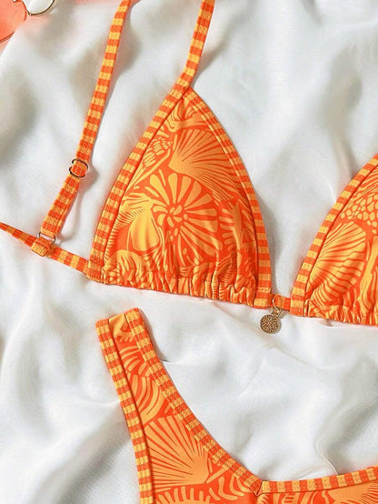 Women's 2-Piece Boho Halter Bikini Set - Gold Accessory, High-Cut, Floral Print, Multicolor