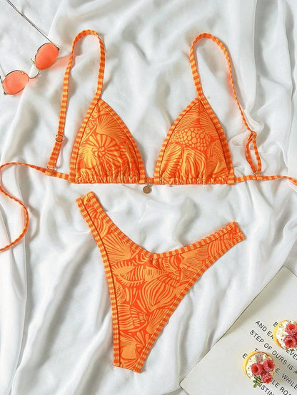 Women's 2-Piece Boho Halter Bikini Set - Gold Accessory, High-Cut, Floral Print, Multicolor