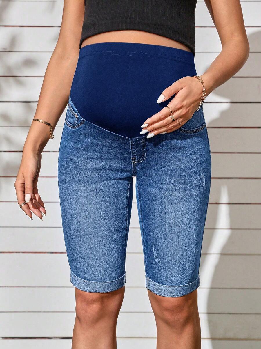 Maternity Solid Color Denim Shorts - Casual High Waist Pregnancy Fit
