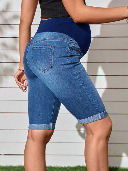 Maternity Solid Color Denim Shorts - Casual High Waist Pregnancy Fit