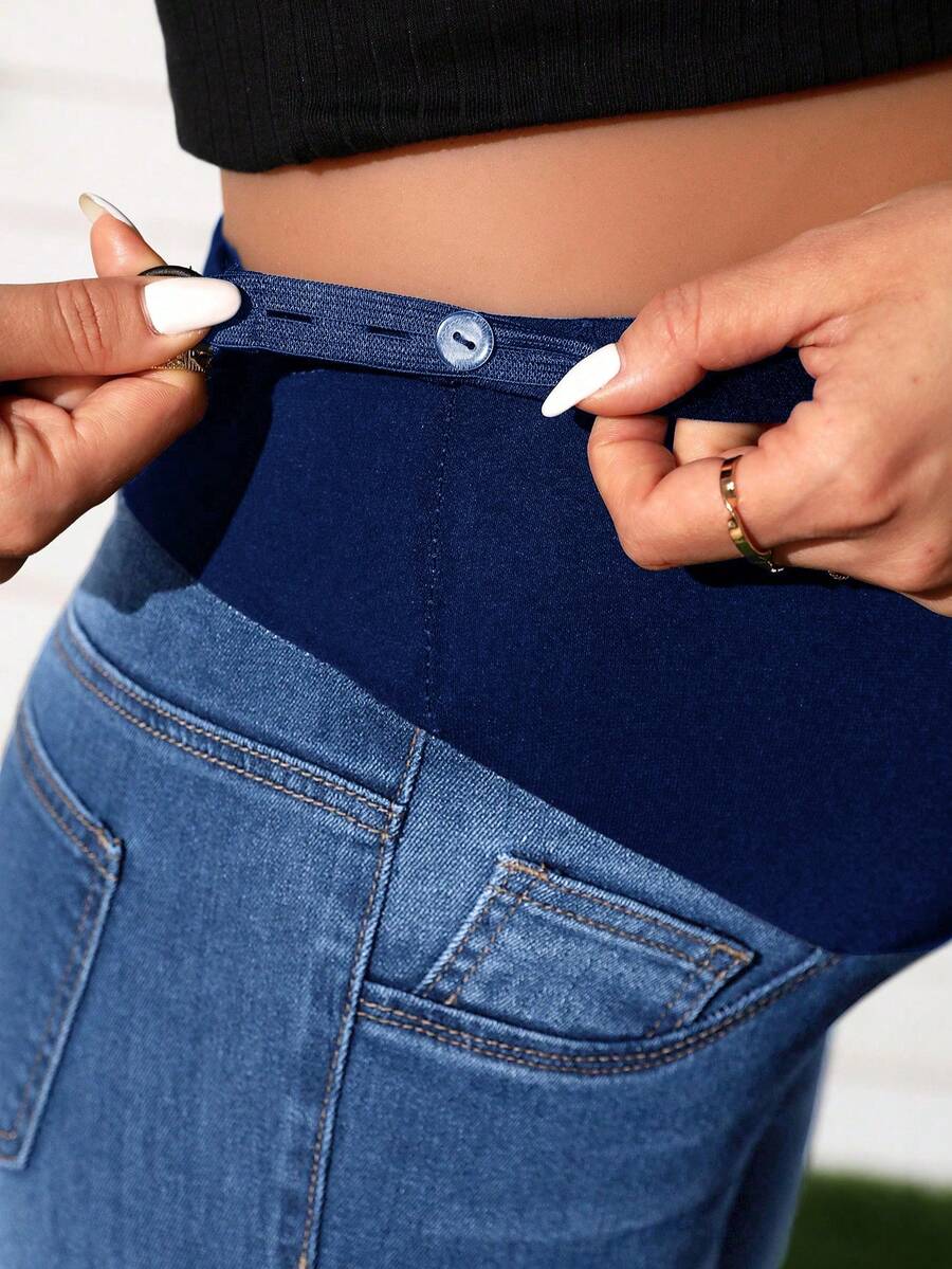 Maternity Solid Color Denim Shorts - Casual High Waist Pregnancy Fit