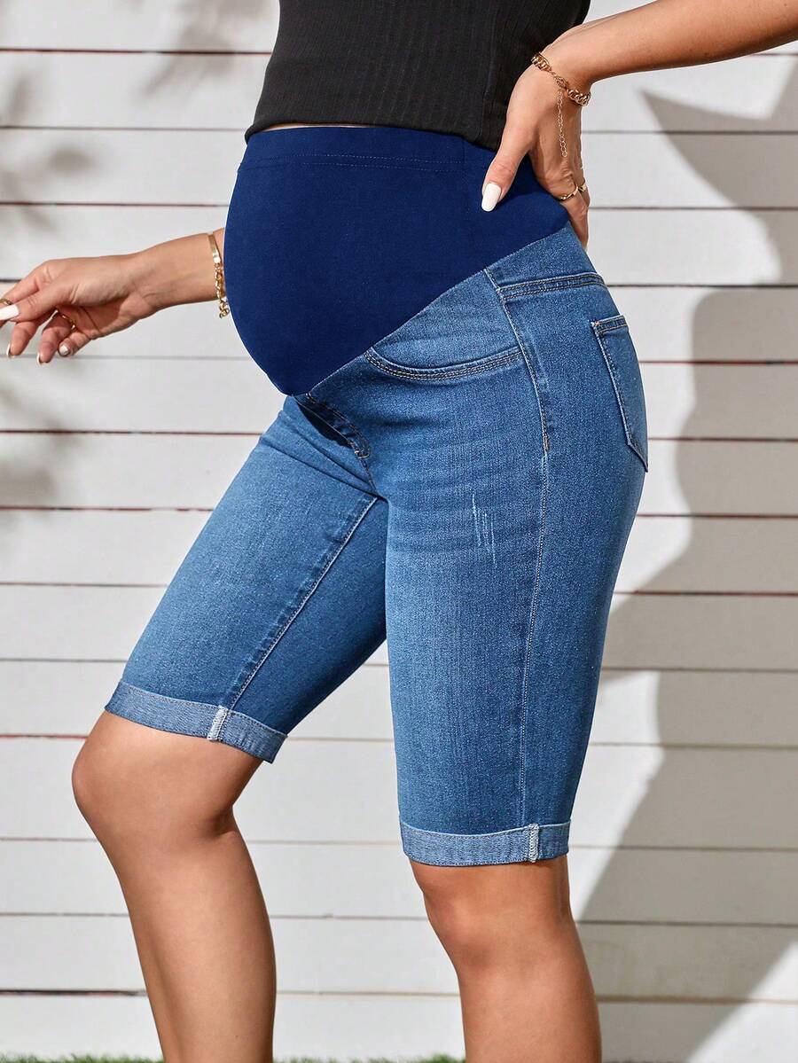 Maternity Solid Color Denim Shorts - Casual High Waist Pregnancy Fit