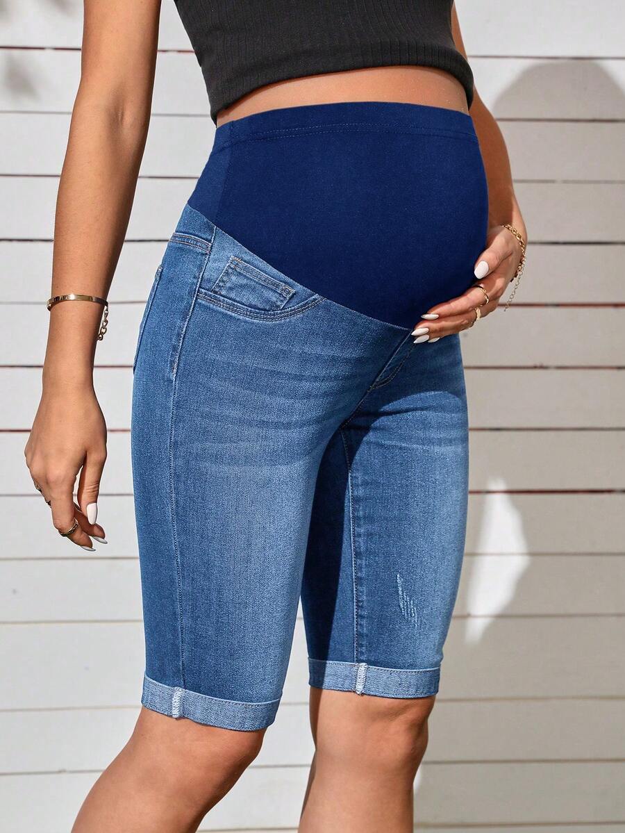 Maternity Solid Color Denim Shorts - Casual High Waist Pregnancy Fit
