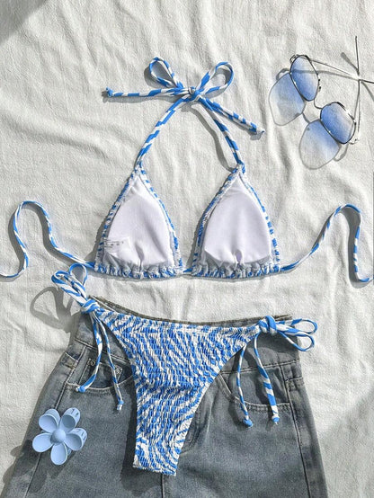 Swim Vcay Women's Ruched Tropical Print Halter Neck Tied Swimsuit And Bikini Set, Summer Beach Vacation