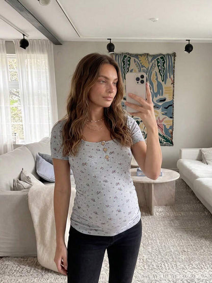 Maternity Grey Ditsy Floral Square Neck Short Sleeve T-Shirt - Slim Fit Knitted Summer Top for Pregnant Women