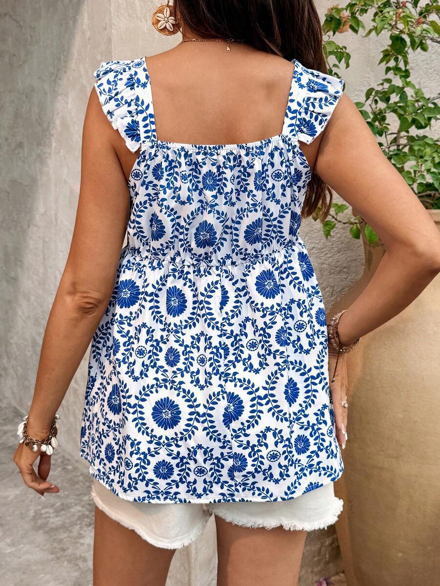 Maternity Tank Top - Blue Boho Allover Print Sleeveless Flounce Trim Strappy, Summer Beach