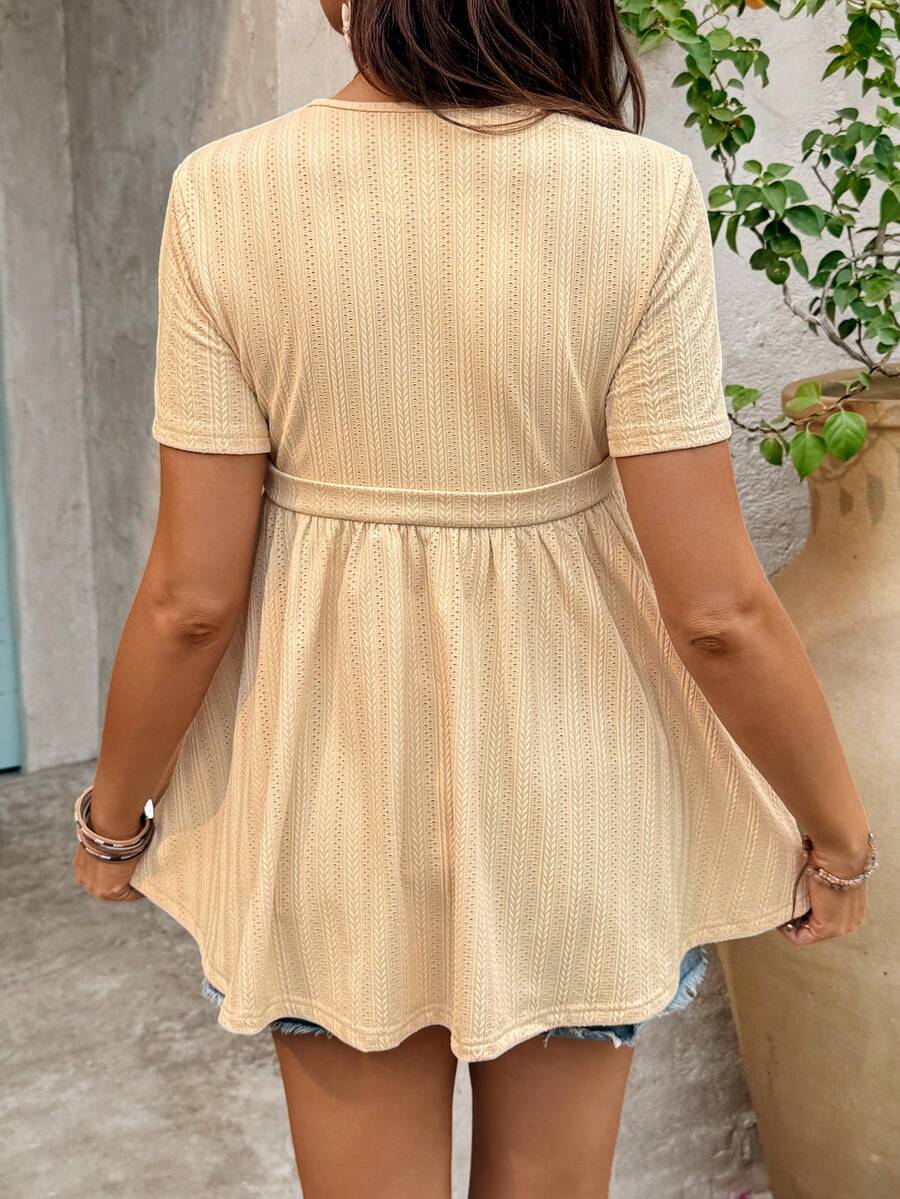 Yellow Short Sleeve Maternity T-Shirt - Slim Fit Round Neck Textured Longline Top with Flared Hem and Medium Stretch