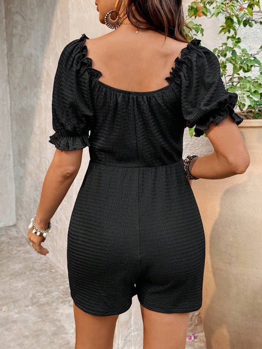 Off-Shoulder Pleated Maternity Jumpsuit Short Puff Sleeve Black Loose Fit Square Neck Casual Romper for Pregnancy Night Out