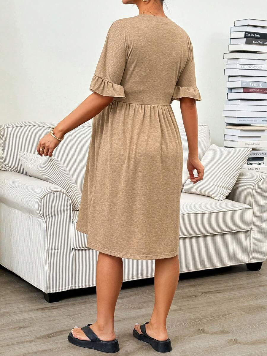Maternity Khaki Round Neck Ruffle Sleeve A-Line Mini Dress - Slim Fit High Waist Casual Beach Sundress