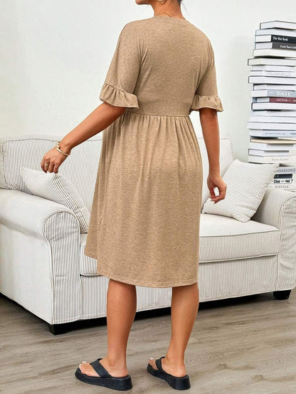 Maternity Khaki Round Neck Ruffle Sleeve A-Line Mini Dress - Slim Fit High Waist Casual Beach Sundress