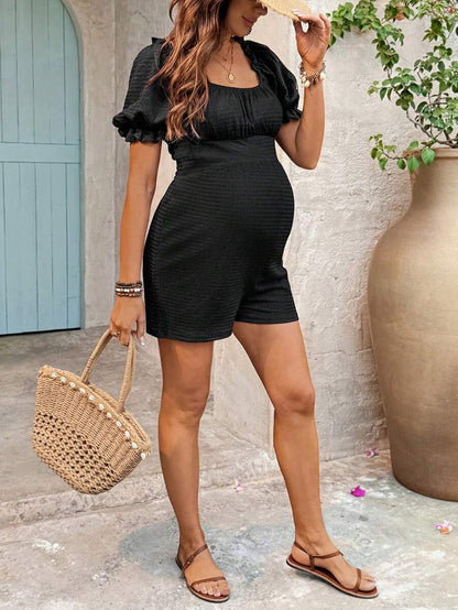 Off-Shoulder Pleated Maternity Jumpsuit Short Puff Sleeve Black Loose Fit Square Neck Casual Romper for Pregnancy Night Out