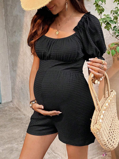 Off-Shoulder Pleated Maternity Jumpsuit Short Puff Sleeve Black Loose Fit Square Neck Casual Romper for Pregnancy Night Out